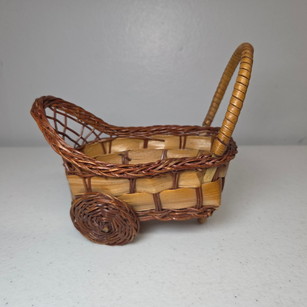Vintage Miniature Wicker Basket Wagon Small Decorative Cart Brown Wood